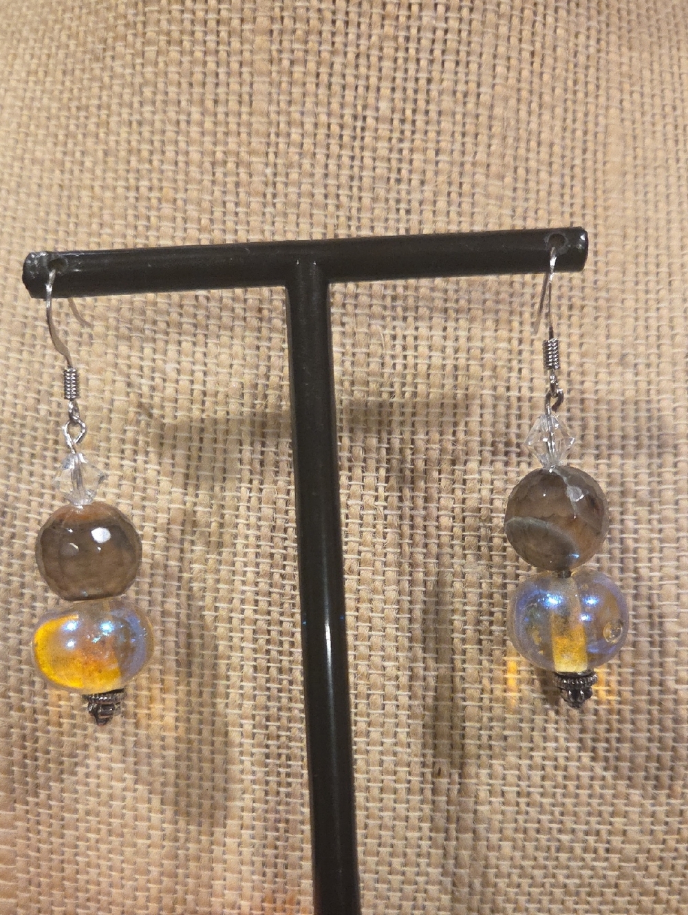 Handmade Glass Iridescent Bead Drop Earrings in Brown and Silver